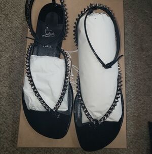 Christian Louboutin Black  patent leather silver Studded  flats Sandals 41